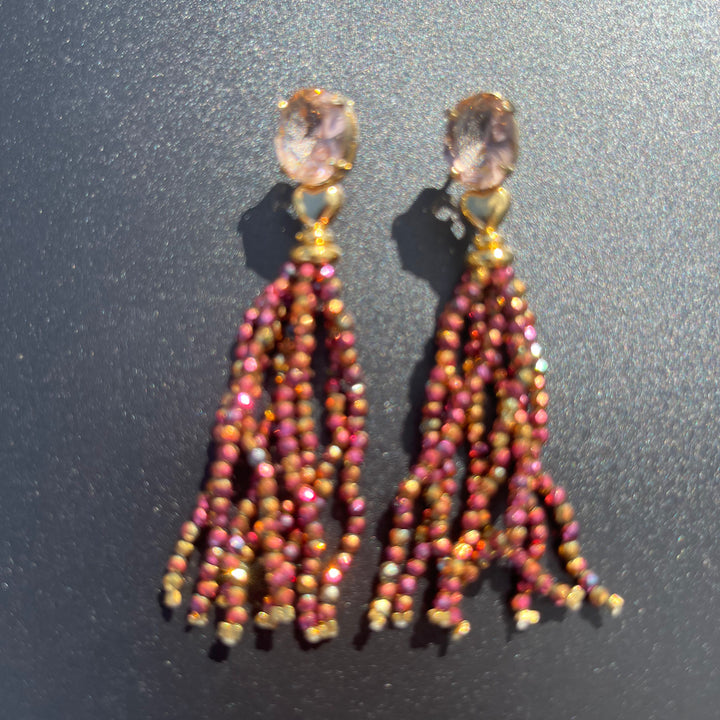 Long Earrings with Mini Crystals, Fringe, and Gold-Plating