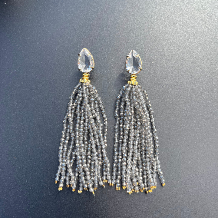 Long Earrings with Mini Crystals, Fringe, and Gold-Plating