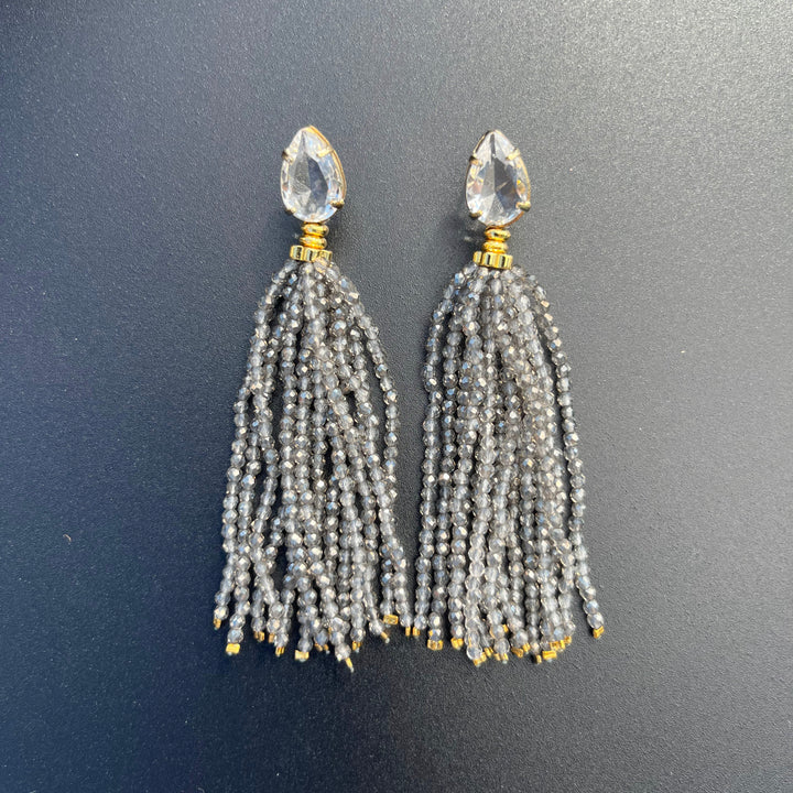 Long Earrings with Mini Crystals, Fringe, and Gold-Plating