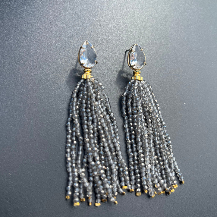 Long Earrings with Mini Crystals, Fringe, and Gold-Plating