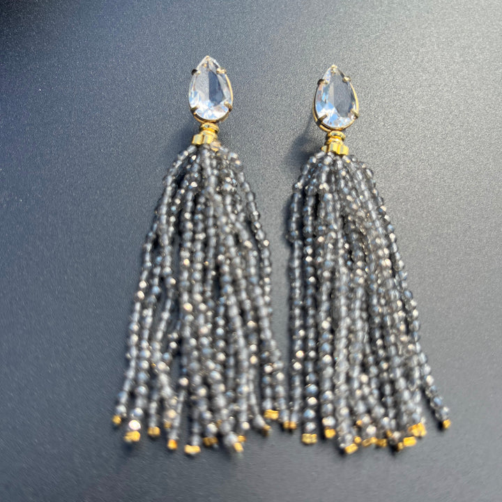 Long Earrings with Mini Crystals, Fringe, and Gold-Plating