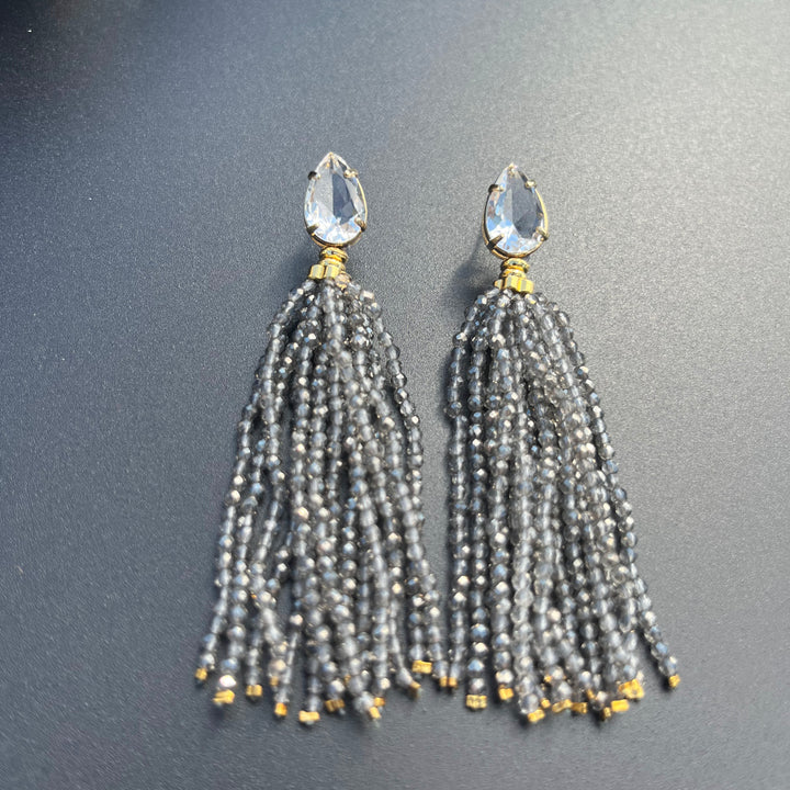 Long Earrings with Mini Crystals, Fringe, and Gold-Plating